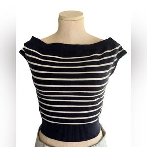English Factory Off-the-Shoulder Navy and White Striped Sweater